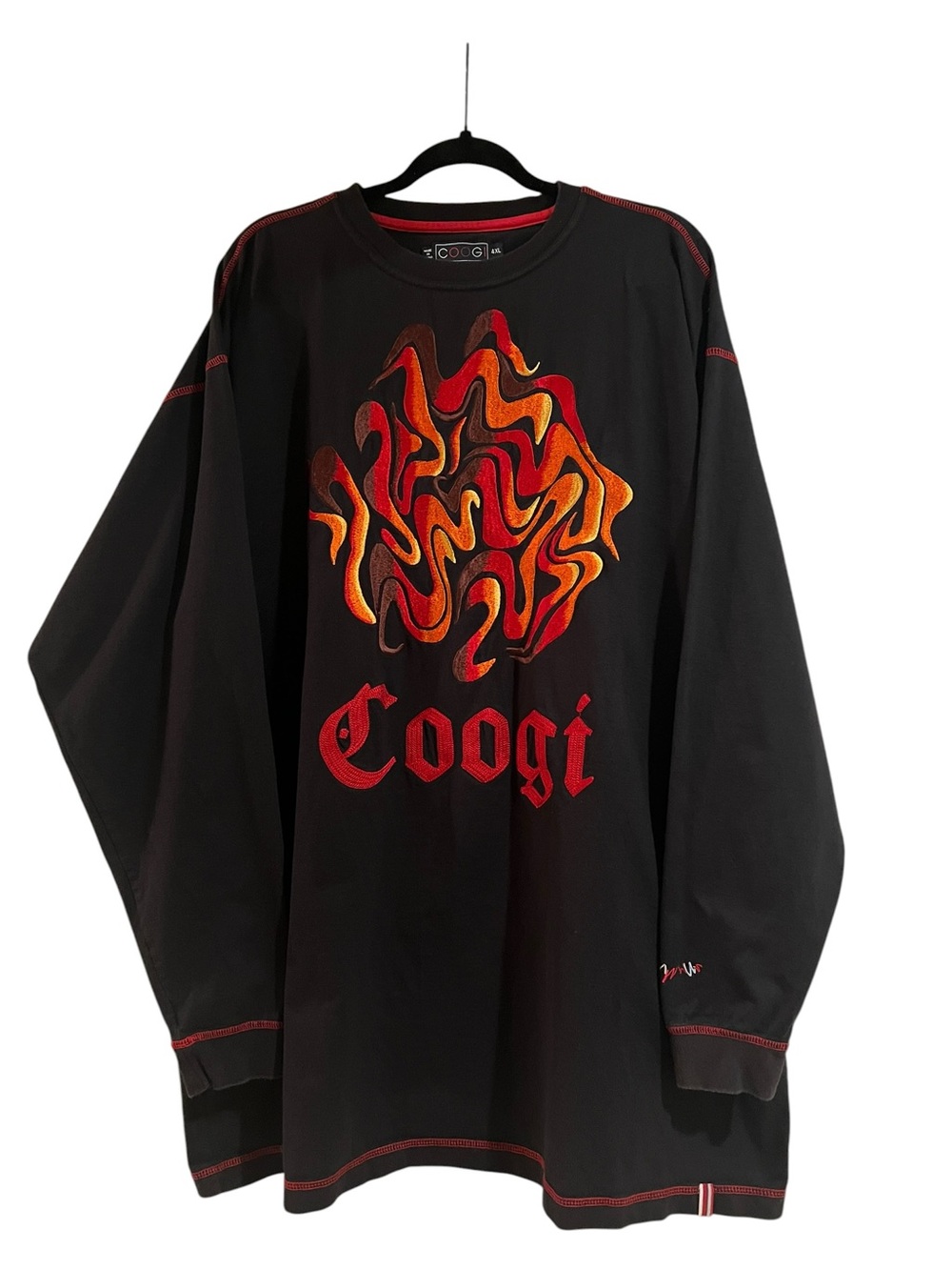 COOGI Black Long Sleeve Streetwear Hip Hop Graphic Tee w/Red & Orange Flame-4XL